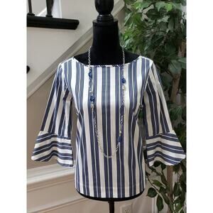 Ann Taylor Women Blue White Striped Cotton Round Neck 3/4 Sleeve Top Blouse XSP